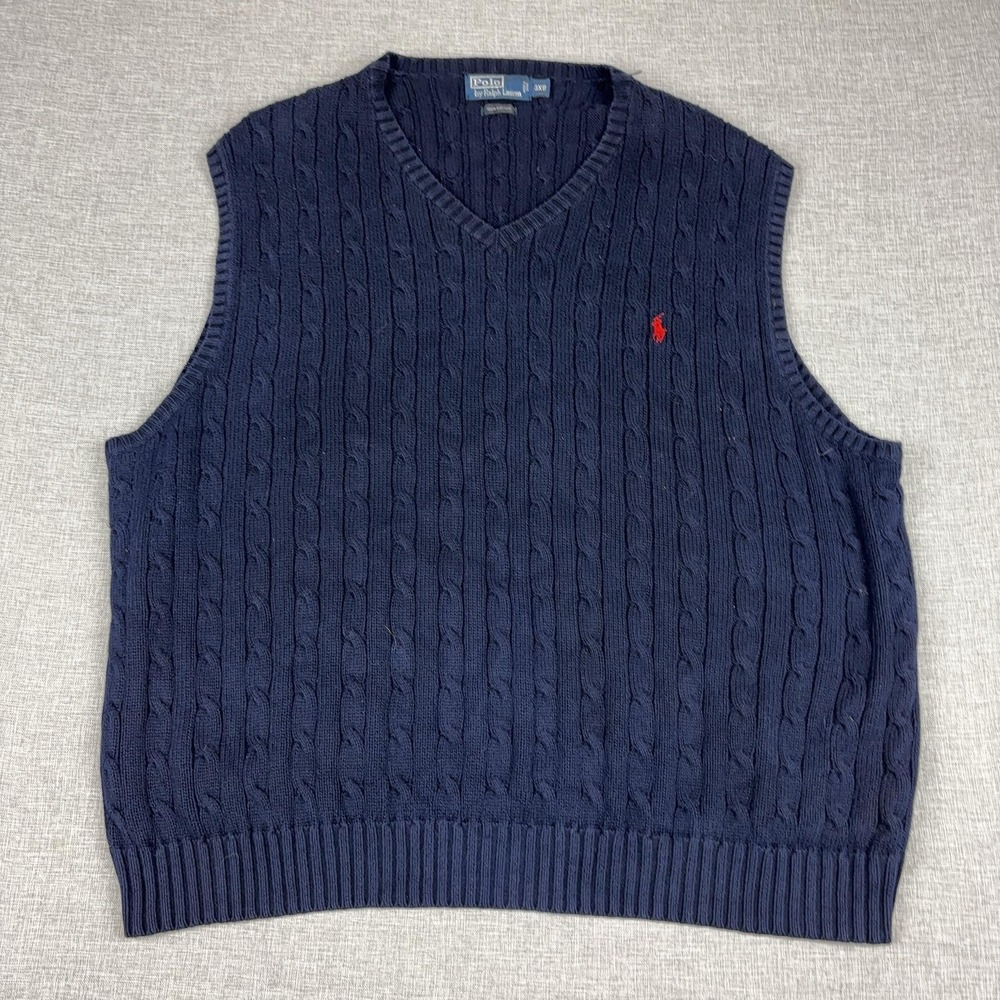 Polo By Ralph Lauren Sweater Vest Mens Big 3X Blue Cable Knit V Neck Cotton Pony